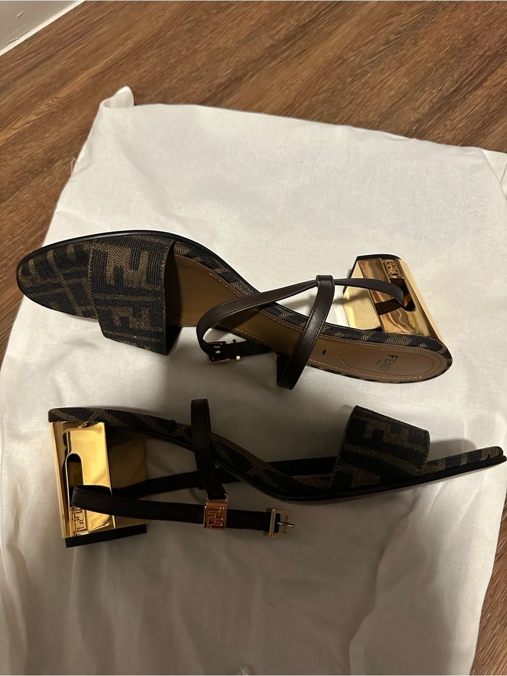 Fendi Brown & Black FF Logo Gold-Accent Block Heel Sandals